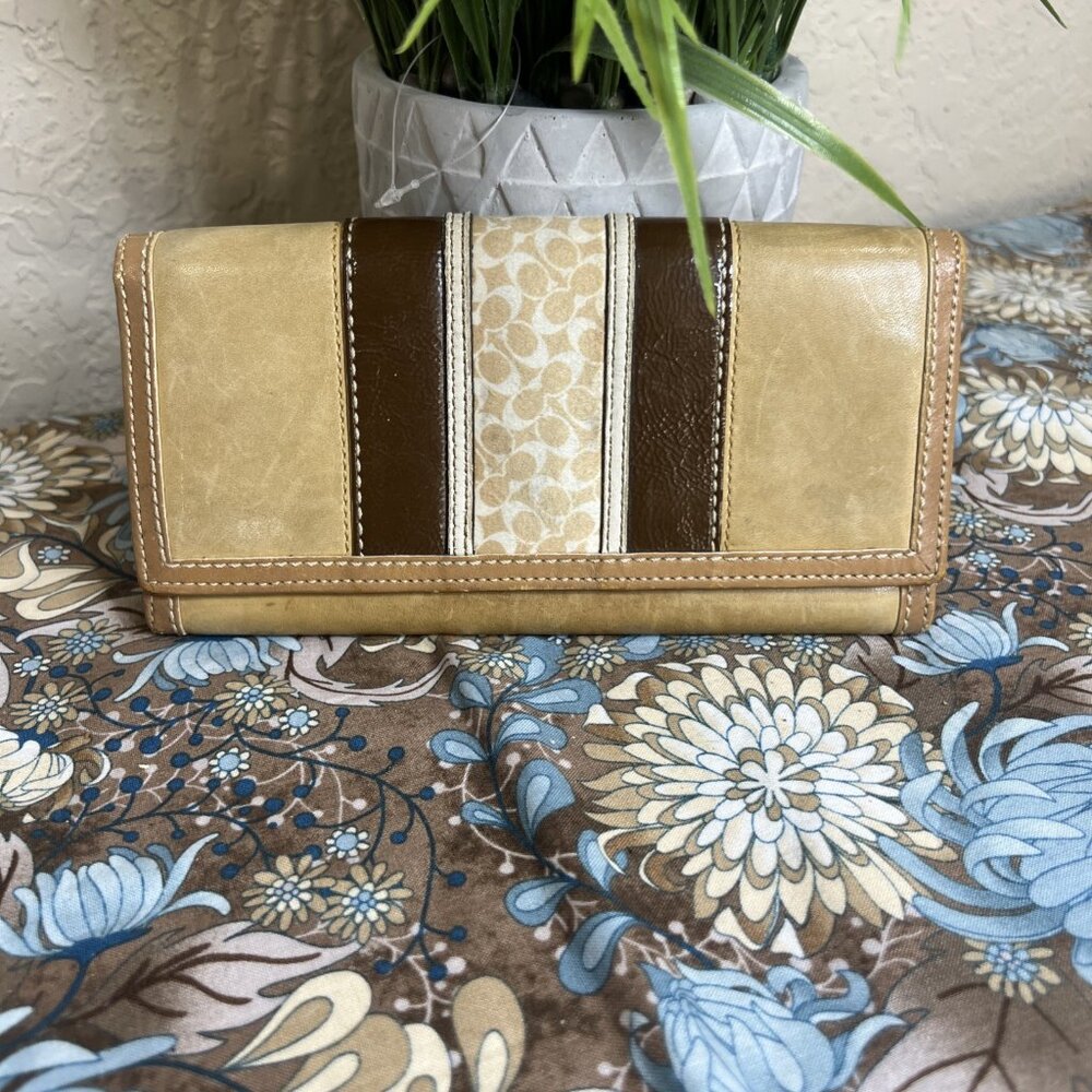 Coach Signature Brown And Beige Striped Women's Long Wallet